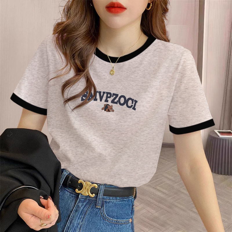 夏季正肩短袖女t恤2026新款打底时尚设计感撞色宽松显瘦上衣