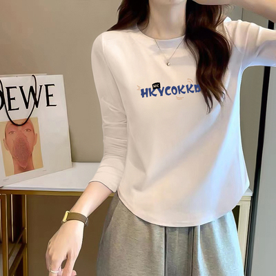 纯棉不规则下摆白色长袖T恤女