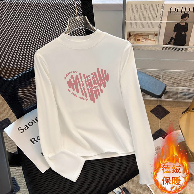 白色双面德绒打底衫女秋冬内搭可外穿大码宽松长袖t恤半高领上衣