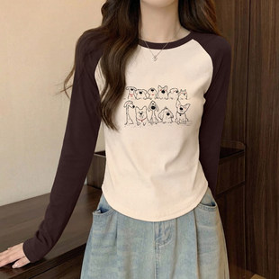 2026秋冬新款撞色圆领修身内搭上衣女设计感小众纯棉长袖t恤小衫