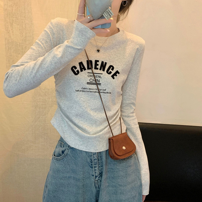 褶皱短款纯棉长袖T恤女早秋