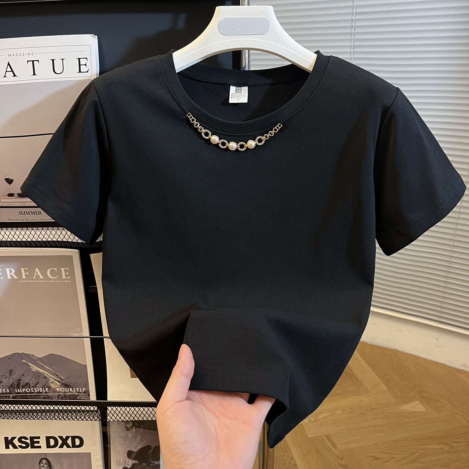 重工钉珠链条纯棉圆领短袖t恤女