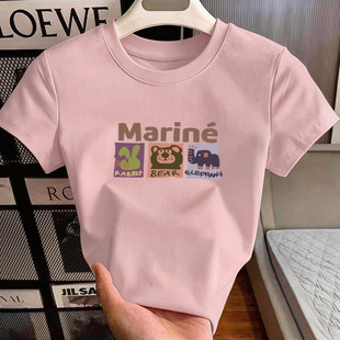 粉色减龄正肩短袖T恤女夏季新款纯棉内搭小个子显瘦时尚短款上衣