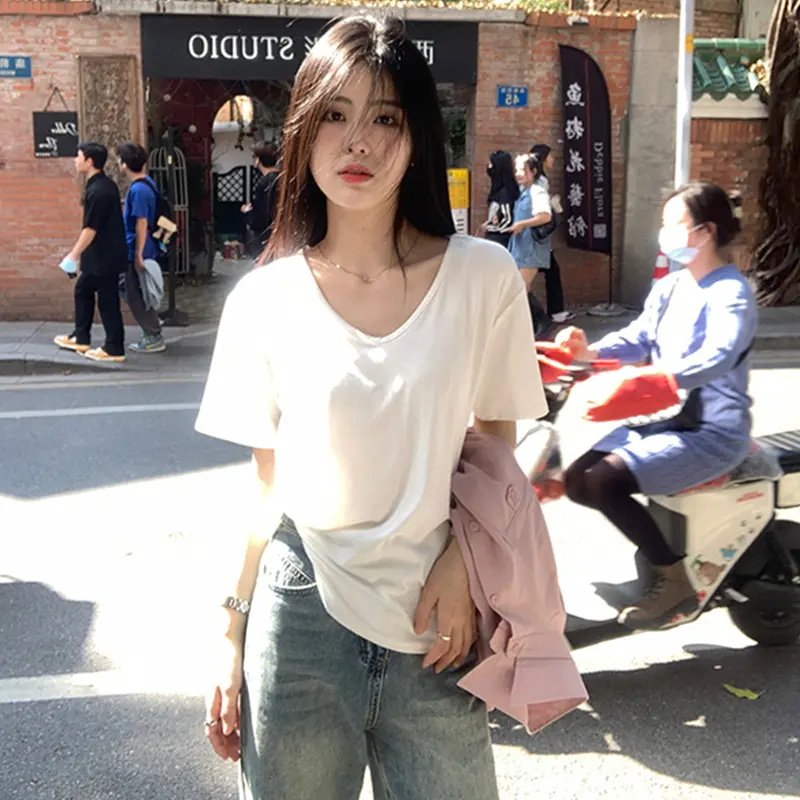 正肩短袖T恤女夏季新款纯白色宽松显瘦小个子慵懒风V领锁骨上衣潮