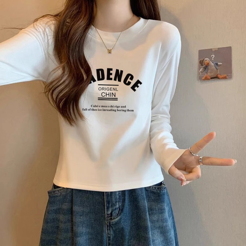辣妹短款设计感小众圆领白色基础长袖T恤女春秋冬内搭上衣女