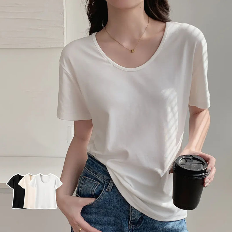 v领短袖正肩t恤女夏2026新款松弛感宽松韩版慵懒风高级感上衣