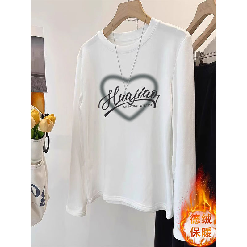 白色正肩长袖t恤女秋冬季新款德绒内搭打底衫宽松加厚保暖上衣