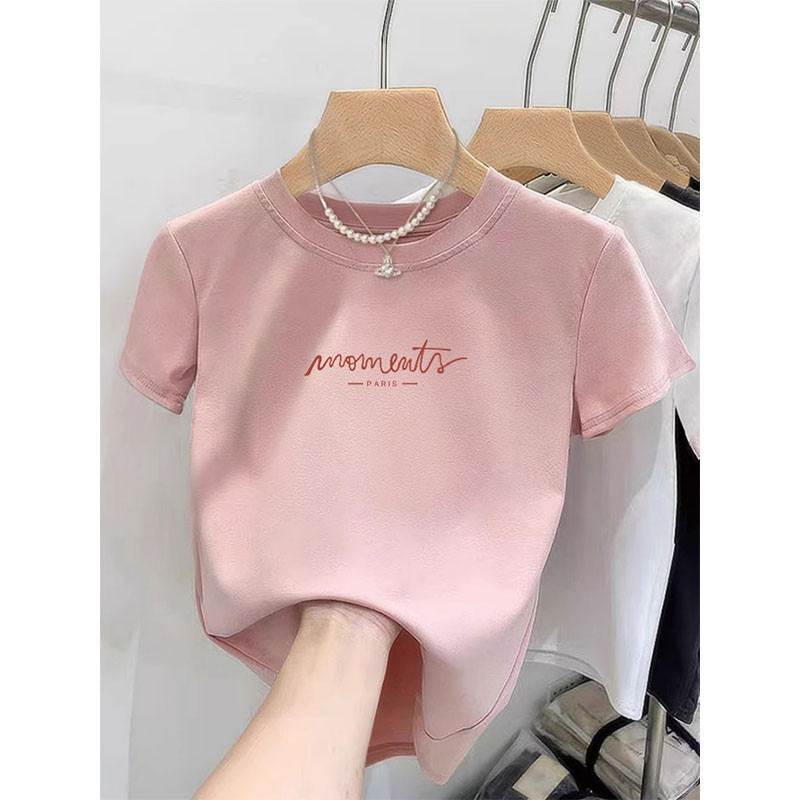 2026新款正肩短款t恤女夏季短袖宽松粉色设计感显瘦上衣ins潮