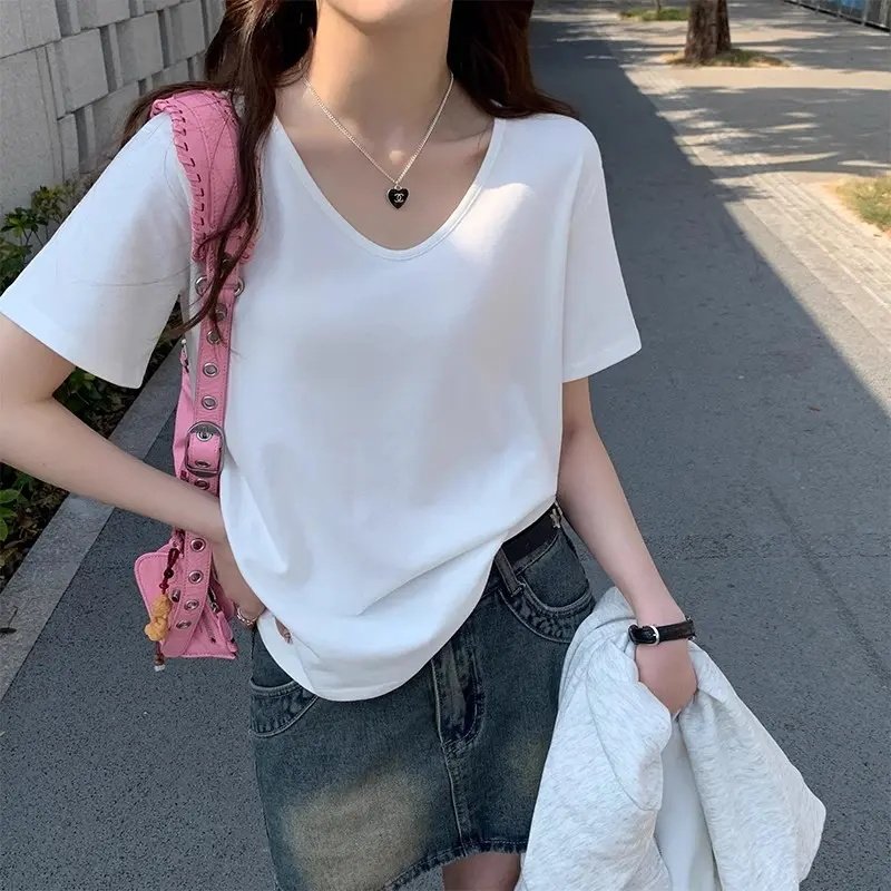 韩系宽松休闲白色短袖T恤女夏季新款V领小众设计感打底衫上衣