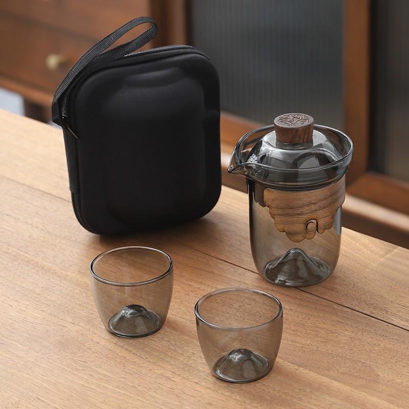 厂家一壶二杯玻璃旅行茶具套装户外云溪盖碗泡茶壶茶杯快客杯便携