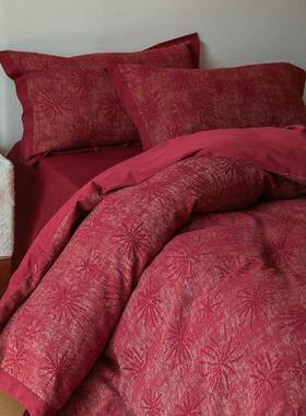 60S无染色加密~新中式立体浮雕大红色结婚庆提花全棉四件套纯棉