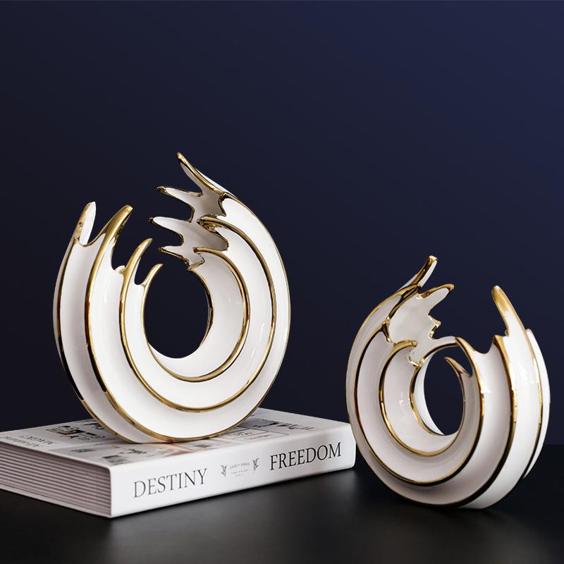 现代轻奢白金色陶瓷圆形摆件新中式样板间玄关客厅书柜软装装饰品