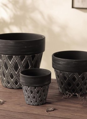 新中式复旧暗色花盆侘寂风陶土透气黑色浮雕家居简约X叶藤绿植花