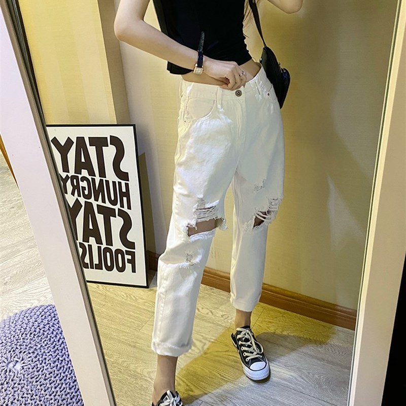 白色大破洞牛仔裤夏m季女显瘦网红炸街减龄宽松美式复古直筒裤薄
