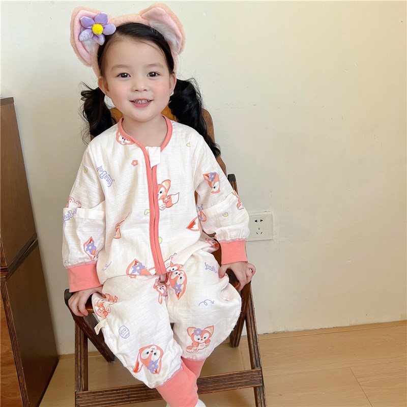 儿童春秋纱布睡袋前四后二层纱C连体睡衣可拆袖无骨分腿防踢被