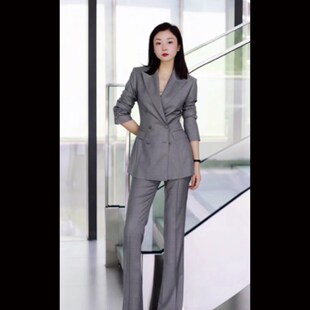 灰色女士气场强大西o装修身正式场合职业套装高端女装轻奢夏季薄