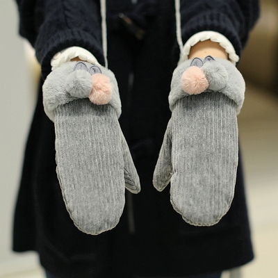 冬天女学生可爱棉手套秋冬季骑车防E寒加绒加厚保暖挂脖带绳少女