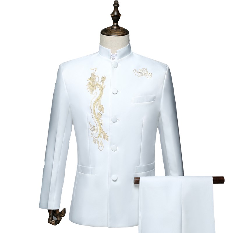刺绣白色中山装演出服男士u歌手主持人礼服成人大合唱舞台表演服