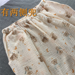 套头家居服长袖 双层纱布 长裤 圆领休闲印花H考拉可爱睡衣套装