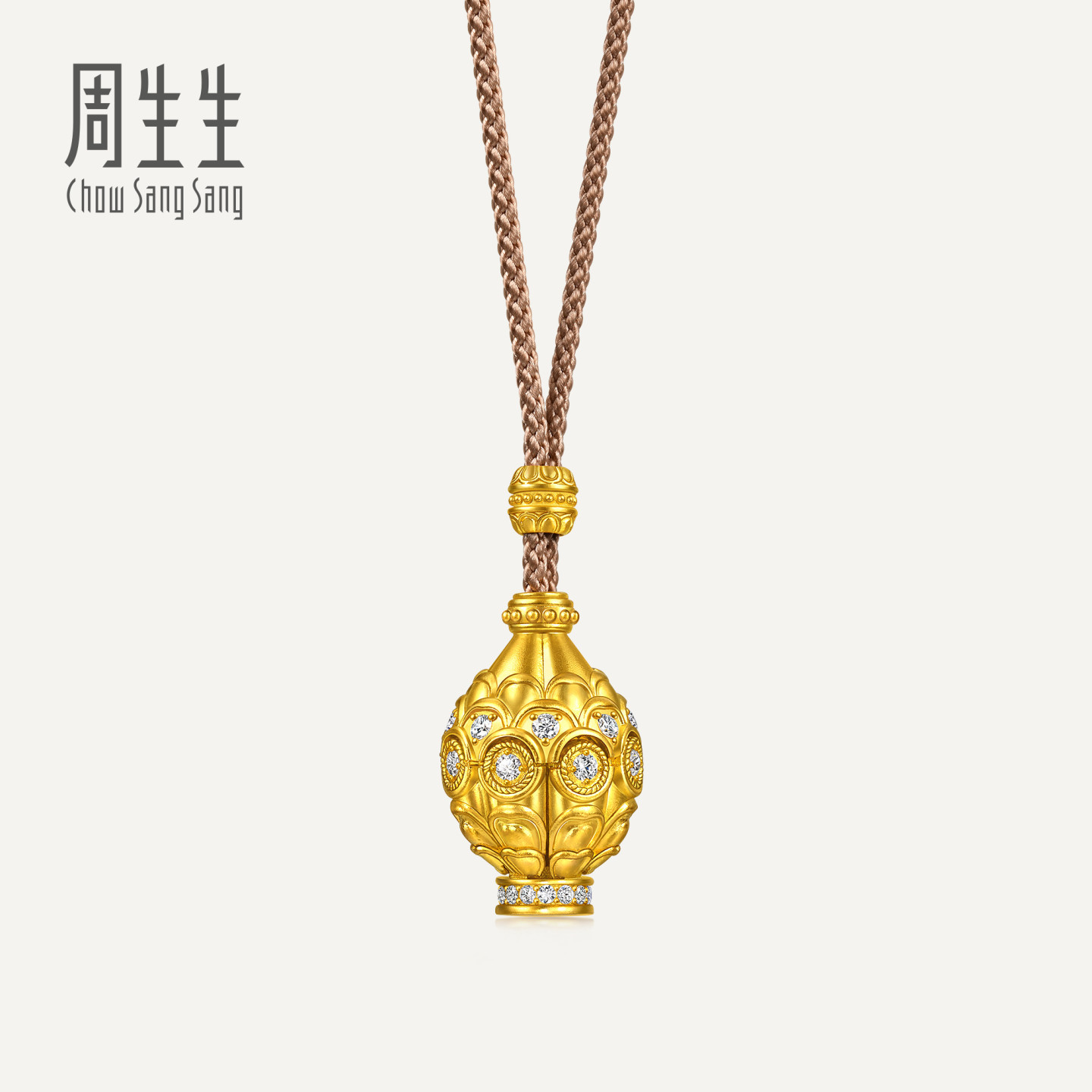 周生生华宇古法黄金东方古祖足金镶嵌钻石花开见佛吊坠项链96477N