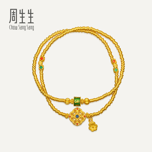 周生生华宇古法黄金足金四合如意碎碎金盘缠金双圈手串手链96080B