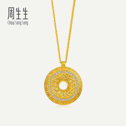 周生生华宇黄金东方古祖足金镶嵌钻石莲花六字真言项链94552N