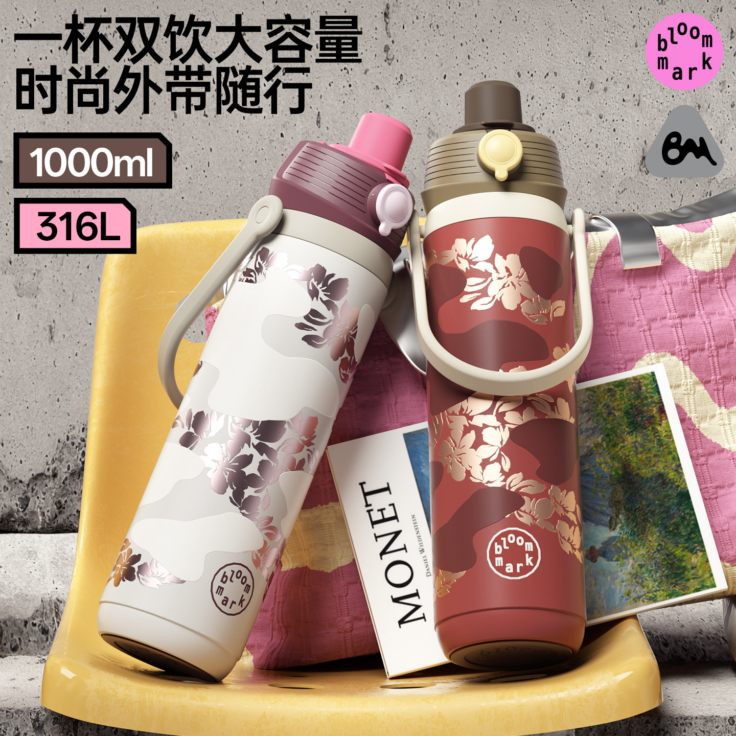 bloommark提手双饮保温杯大容量车载吸管杯户外便携随行拎拎水杯图片