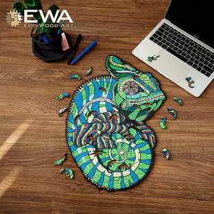 EWA变色龙木制异形拼图不规则动物拼板高难度益智成人解压礼物