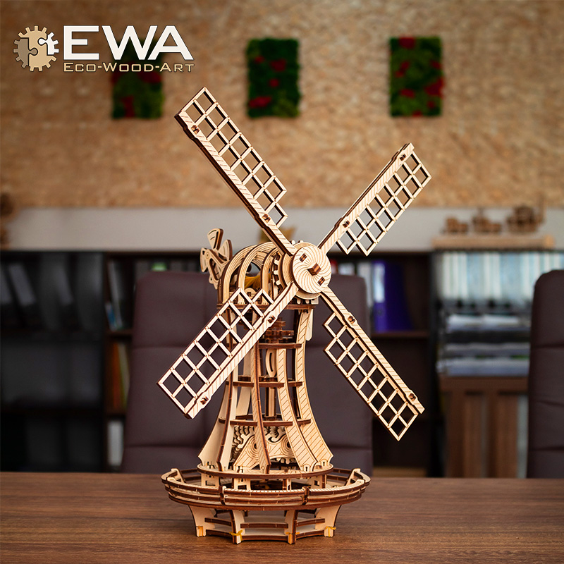 EWA木制创意风车拼装模型国外建筑荷兰DIY风车玩具摆件手工可涂色