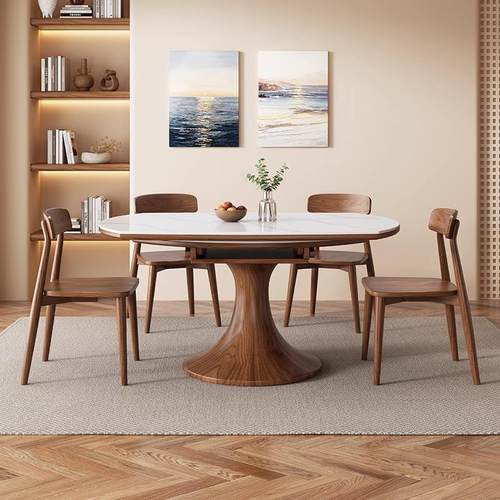 白蜡木中古风岩板餐桌家用小户型轻奢现代简约伸缩可变圆桌可折叠