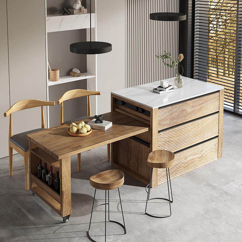 北欧岛台餐桌一体实木吧台岩板台面厨房中岛咖啡操作台茶水储物柜