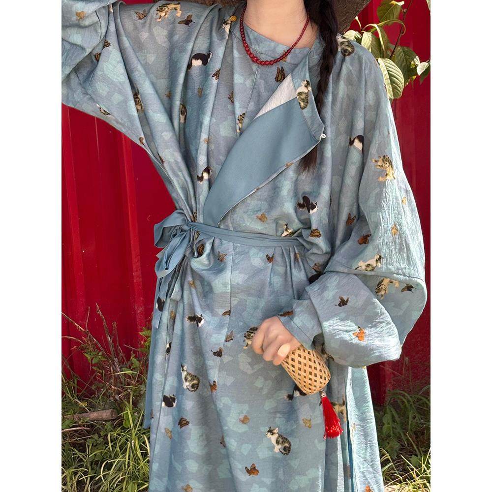 诗野原创汉服【猫猫】唐制圆领袍印花大放量春秋款覆原蓝色灯笼裤,女装/女士精品,汉服套装,淘宝优惠券,粉丝福利购,淘宝优惠卷