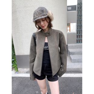 AUNP皮衣 复古灰绿棕色立领修身皮衣外套女2025秋季简约显瘦百搭