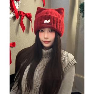 小懒猫八两帽社原创圣诞冬季新款猫耳朵针织帽百搭跨年显脸小保暖