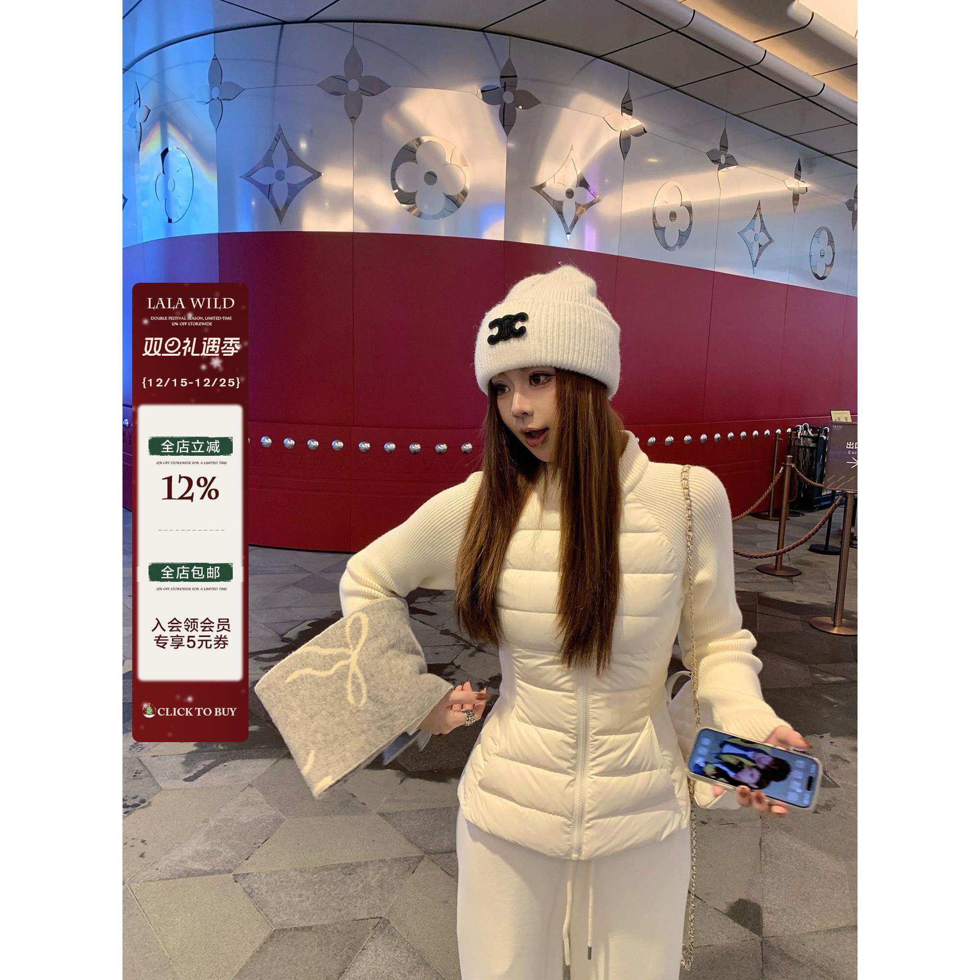 野生辣辣 雪落半岛 90白鸭绒排骨羽绒毛织假两件羽绒服微胖mm外套