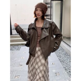 AUNP皮衣 经典复古棕色双层领机车皮衣外套女秋季高级感宽松皮