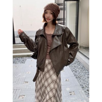 AUNP皮衣 经典复古棕色双层领机车皮衣外套女秋季高级感宽松皮