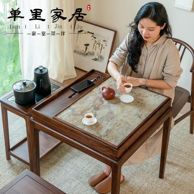 小型阳台喝茶桌椅组合家用岩板新中式茶台八仙桌实木方桌乌金木桌