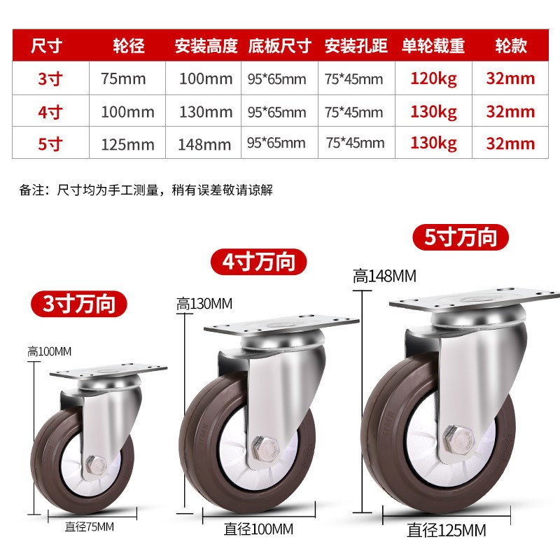 中型橡胶3带4寸5寸304不锈钢脚轮万向轮轮子寸刹车静音手推车轮