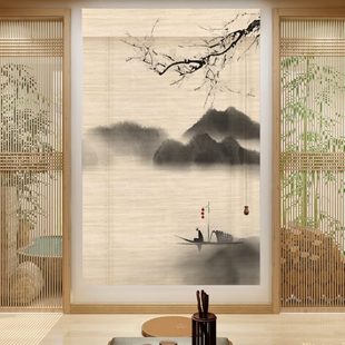 饰阳台遮光中式 竹帘卷帘窗帘定制印花隔断装 茶室民宿餐厅升降山水