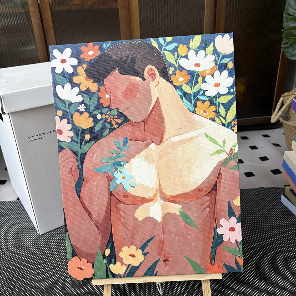 花丛肌肉男鲜花卡通装饰画平面氛围感画喷绘客厅房间玄关工作室