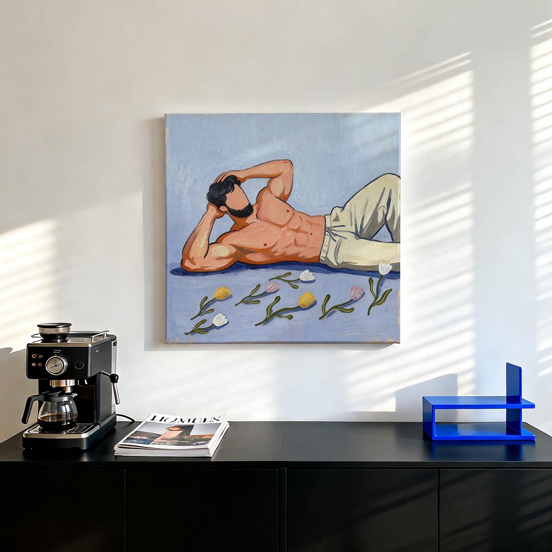 肌肉男躺平装饰画卡通油画平面氛围感画喷绘工作室艺术画框高级