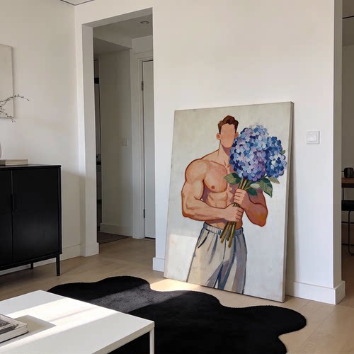 简约氛围感小众艺术花球胸肌男体卡通油画挂画肌肉男艺术装饰画