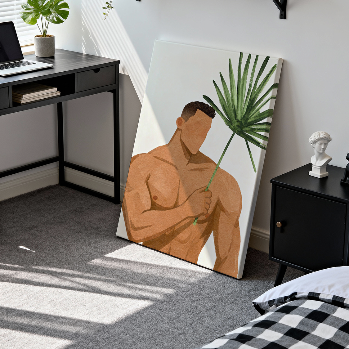 装饰画卡通肌肉男绿植树叶氛围感喷绘画工作室艺术画框电表箱
