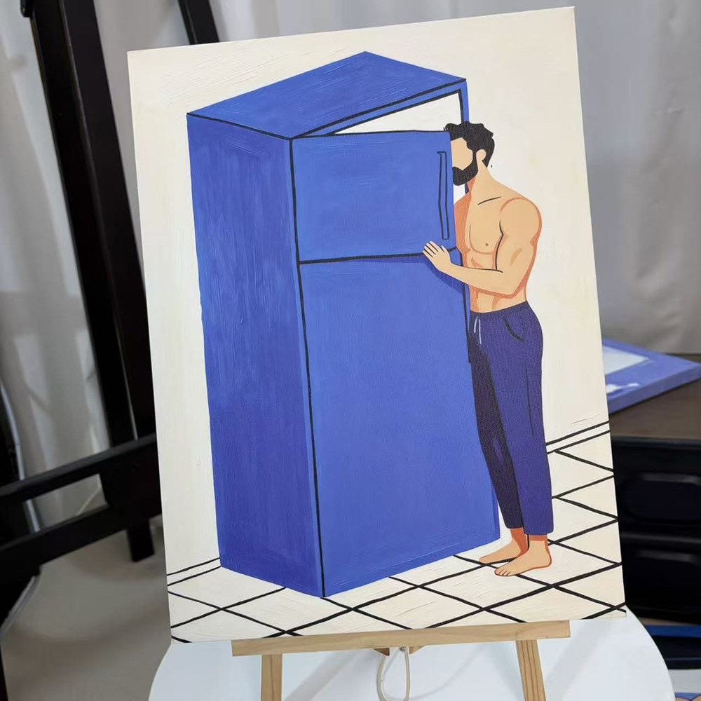小众艺术男体卡通扁平油画挂画趣味克莱因蓝色肌肉男极简约装饰画