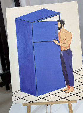 小众艺术男体卡通扁平油画挂画趣味克莱因蓝色肌肉男极简约装饰画