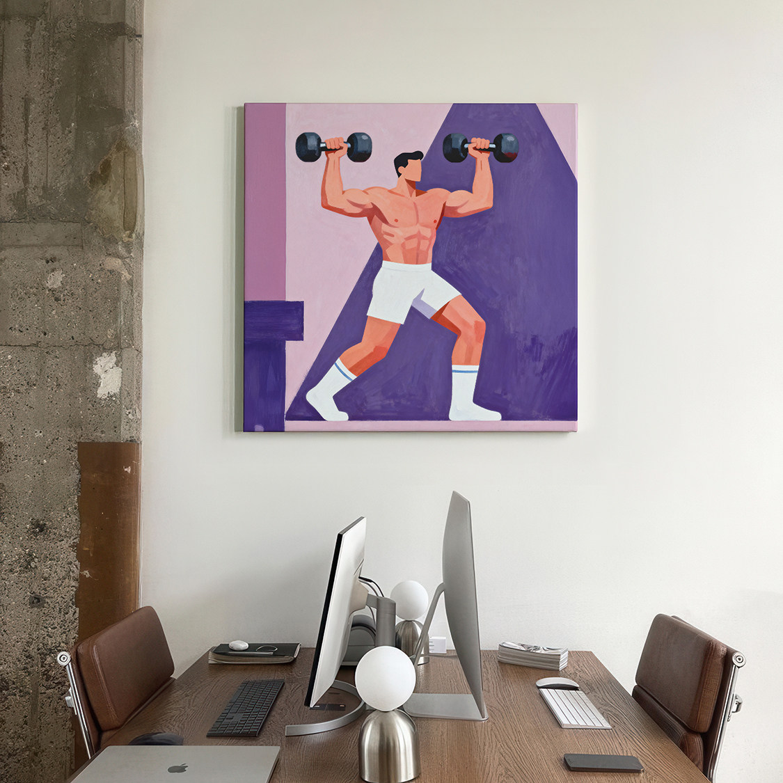 健身哑铃肌肉男装饰画卡通平面氛围感画喷绘客厅工作室艺术画框