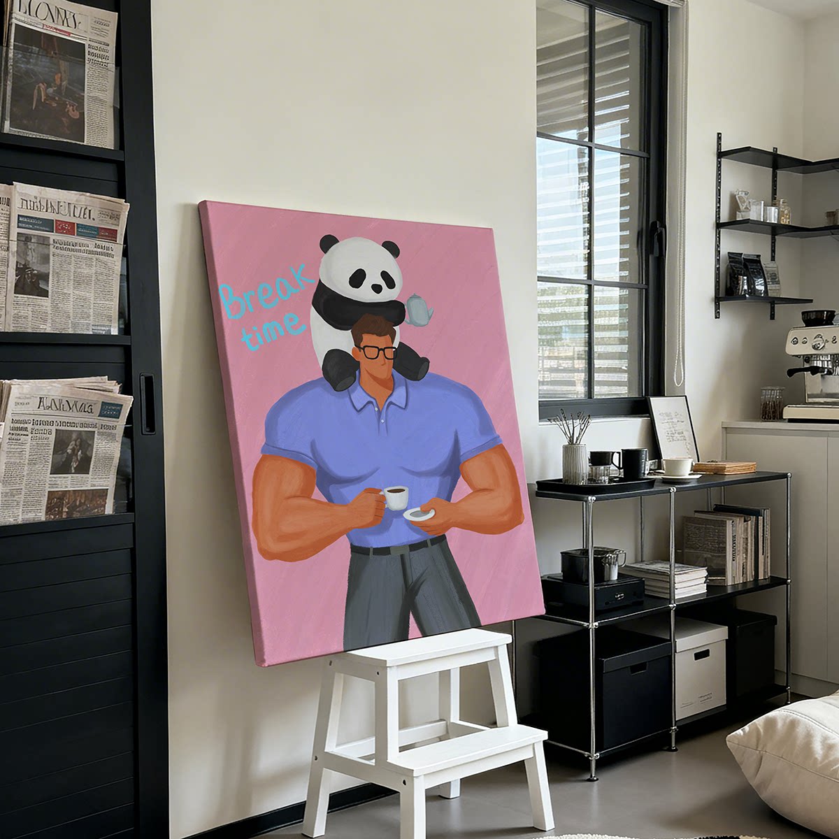 熊猫装饰画创意肌肉男Break time挂画多巴胺粉色公寓布置趣味摆画