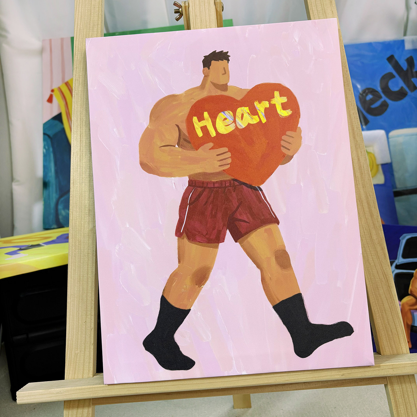 硬核告白趣味猛男抱红心装饰画厚涂油画原创个性艺术公寓布置挂画