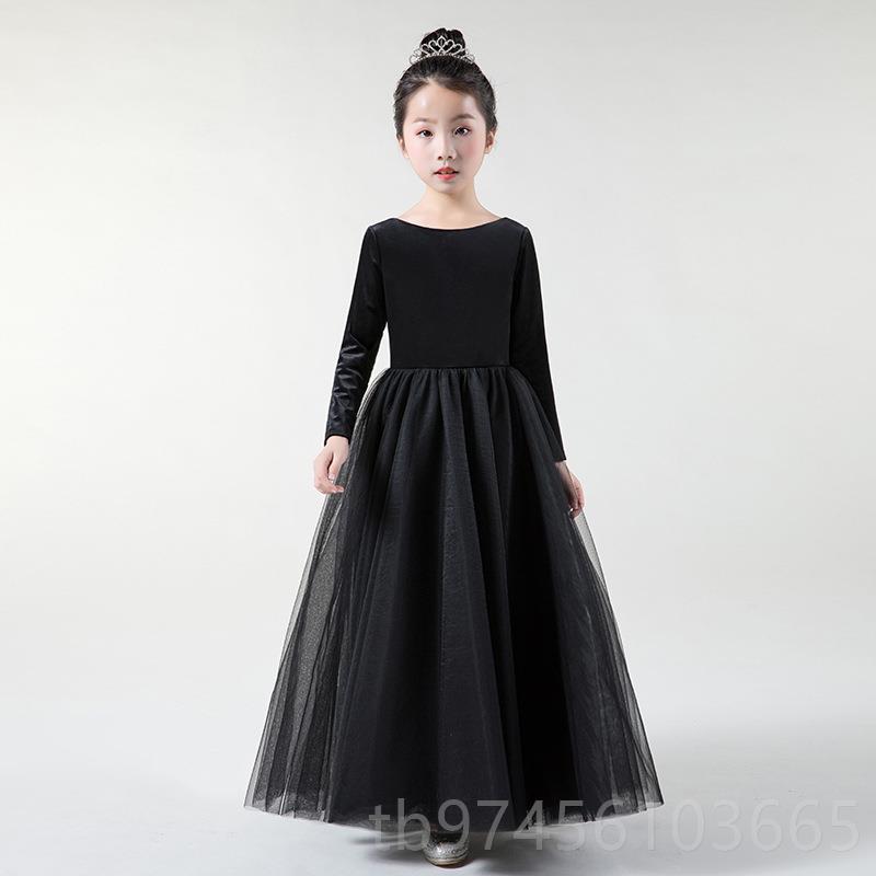 正品小學生黑色長袖女童晚服禮服鋼琴演出主樂裙小提琴公演奏秋冬